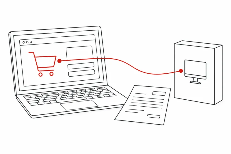 Notebook s nákupním košíkem e-shopu, faktura a krabice se softwarem – ilustrace vytvořená pomocí AI