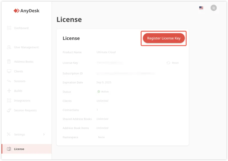 Portál my.anydesk s tlačítkem Register License Key