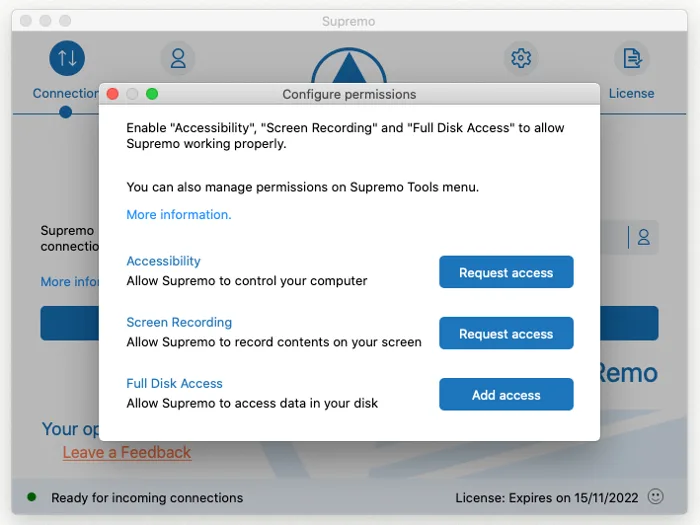 Supremo na macOS žádá o oprávnění Accessibility, Screen Recording a Full Disk Access