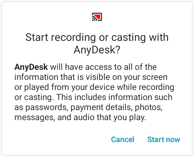 Systémová výzva Androidu ke sdílení obrazovky aplikací AnyDesk s tlačítkem Start now