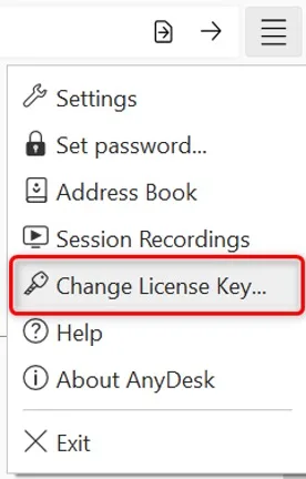 Nabídka AnyDesku s vyznačenou volbou Change License Key