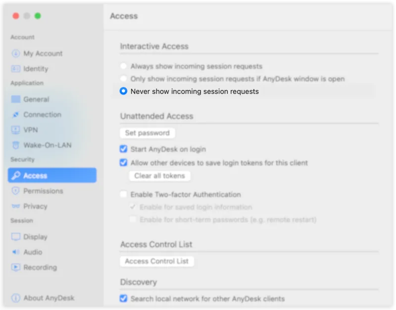 Nastavení AnyDesku v části Access s tlačítkem Set password pro bezobslužný přístup