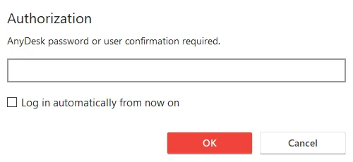 Dialog Authorization pro zadání hesla AnyDesku s volbou Log in automatically from now on