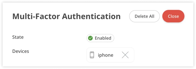 Část Multi-Factor Authentication v účtu AnyDesk se seznamem zařízení a tlačítkem Delete All