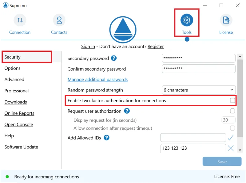 Supremo, Tools a Security se zvýrazněnou volbou Enable two-factor authentication for connections