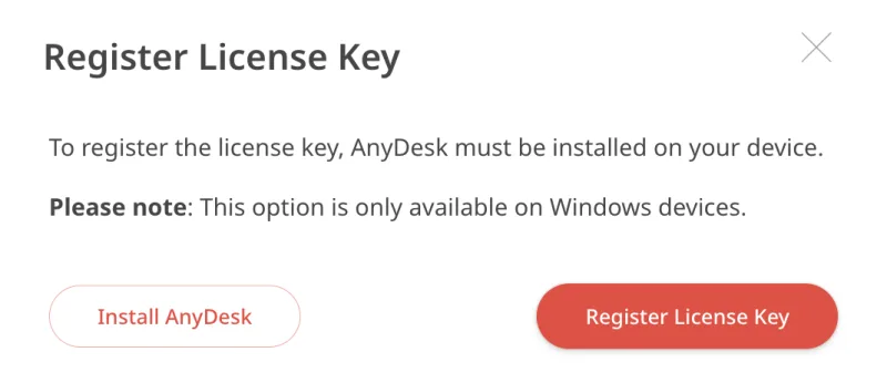 Potvrzovací dialog Register License Key v portálu my.anydesk II