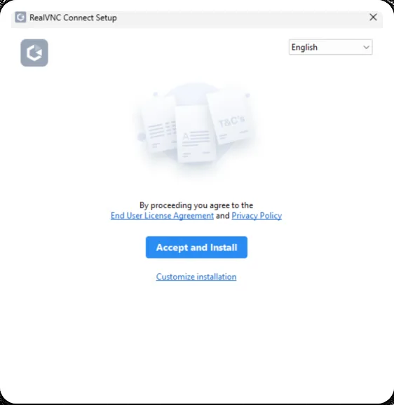 Instalační okno RealVNC Connect s tlačítkem Accept and Install