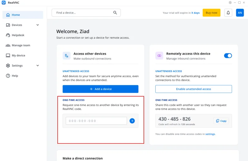 RealVNC Connect v8 s vyznačeným polem pro jednorázový kód vzdáleného zařízení