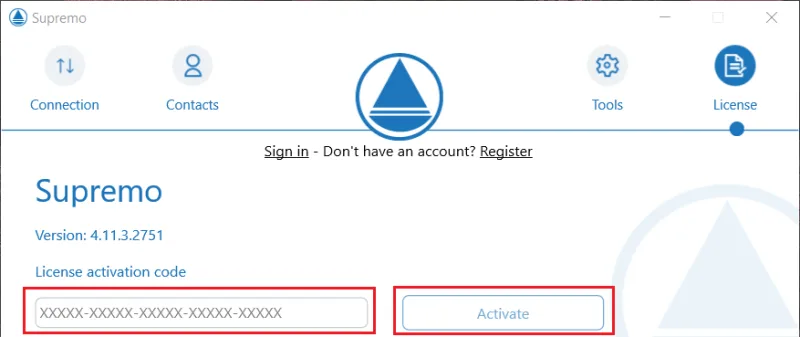 Karta License v Supremu s polem pro licenční klíč a tlačítkem Activate