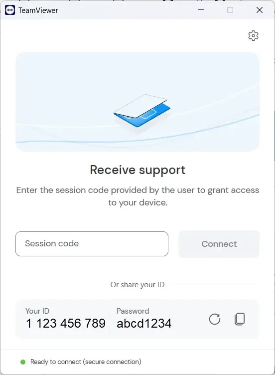 Okno TeamViewer QuickSupport s ukázkovým ID a heslem vzdáleného počítače