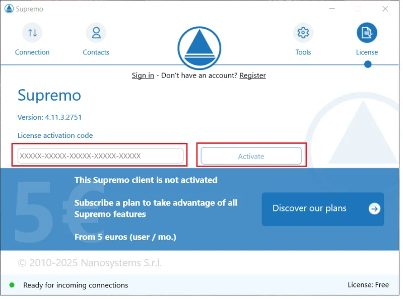 Karta License v Supremu s polem License activation code a tlačítkem Activate