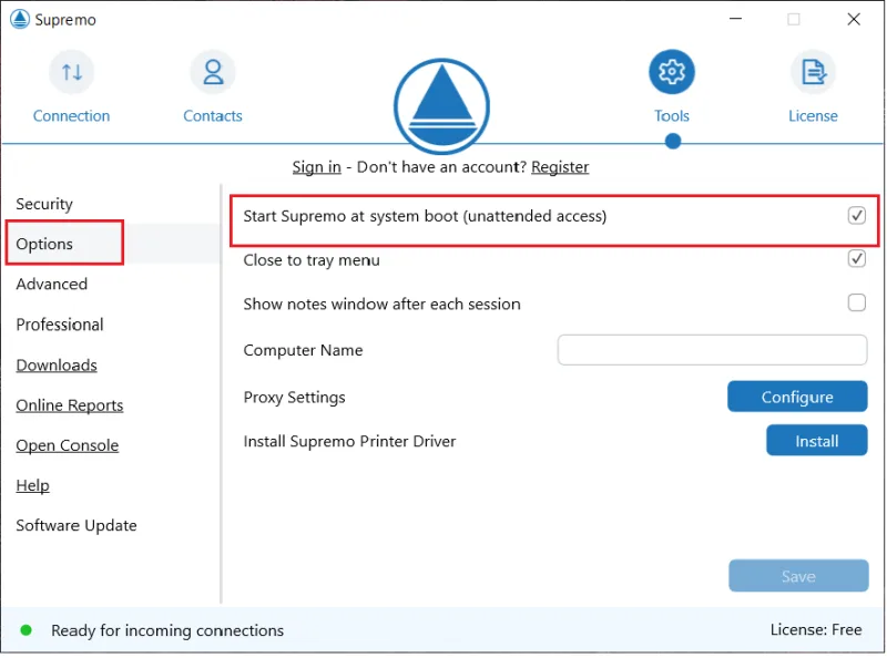 Supremo pro Windows, Tools a Options se zapnutou volbou Start Supremo at system boot