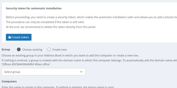 Vytvoření tokenu a výběr skupiny pro automatickou instalaci