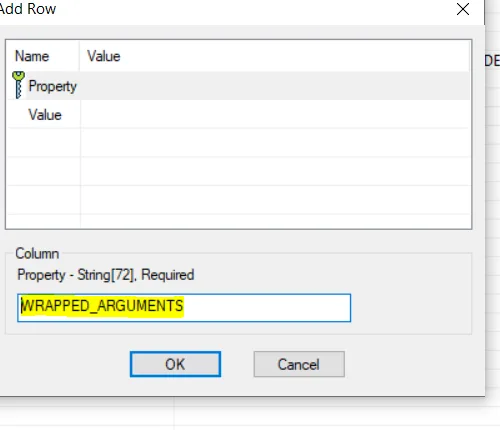Dialog Add Row pro vlastnost WRAPPED_ARGUMENTS v Orca