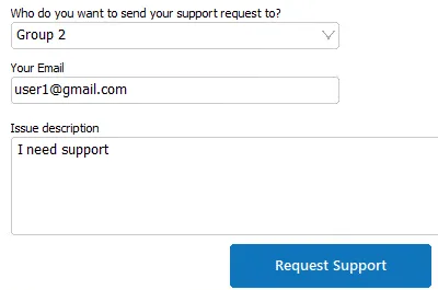 Skupina, e-mail, popis a tlačítko Request Support v klientu Supremo