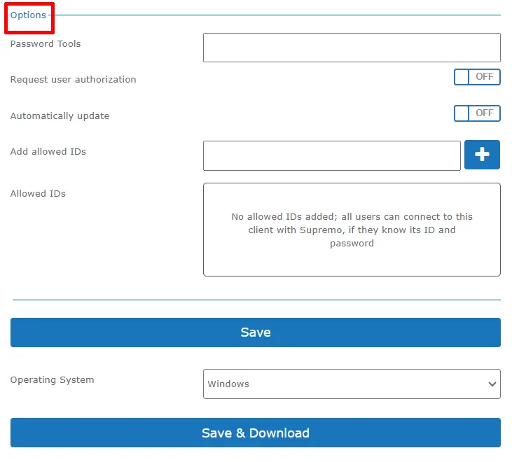 Options v Custom Pro s ochranou nastavení, autorizací spojení a povolenými ID