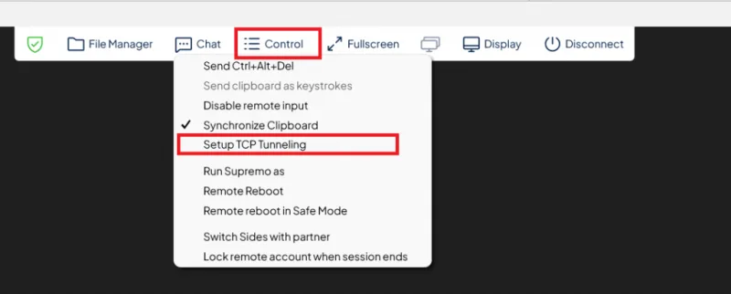 Otevření Setup TCP Tunneling v nabídce Control