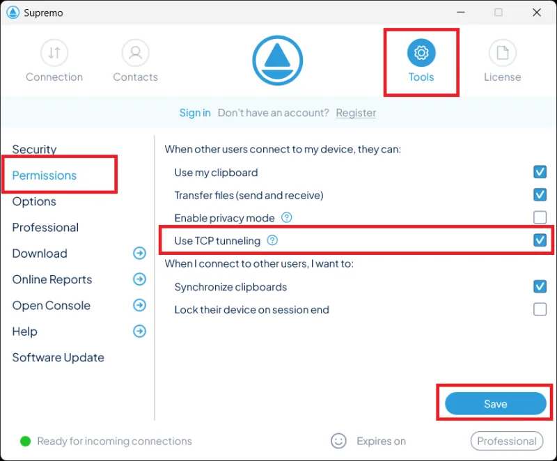 Povolení Use TCP tunneling v Tools a Permissions
