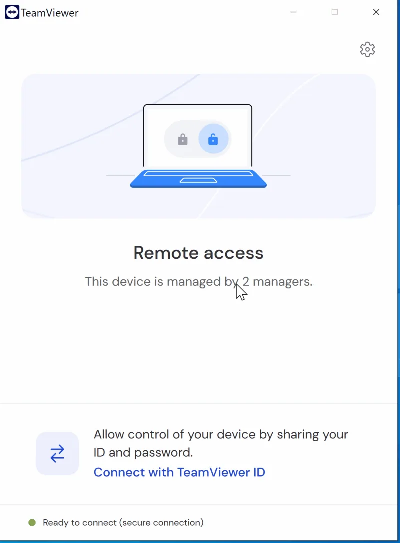 Okno TeamViewer Host s textem Remote access, This device is managed by 2 managers