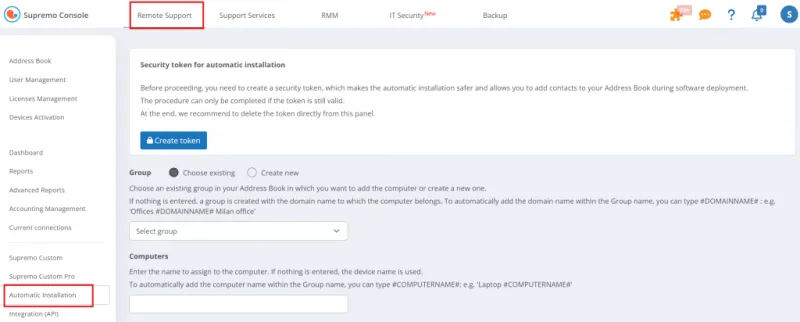 Supremo Console, část Automatic installation s vytvořením bezpečnostního tokenu a volbou skupiny