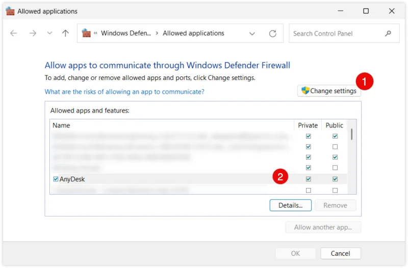 Seznam povolených aplikací ve Windows Defender Firewall se zaškrtnutým AnyDeskem