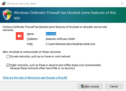 Výzva Windows Defender Firewall k povolení AnyDesku v soukromých a veřejných sítích