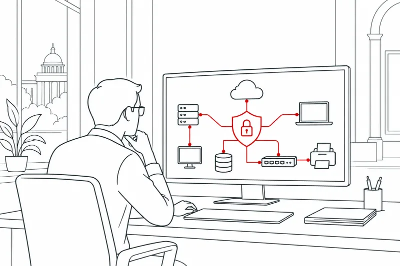 Správce IT u monitoru se schématem sítě, štítem se zámkem a cloudem – ilustrace vytvořená pomocí AI