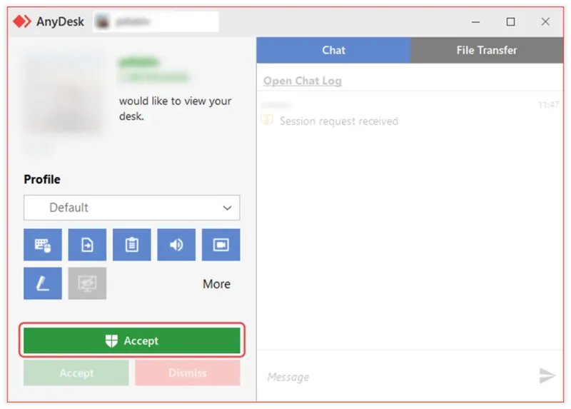 Okno AnyDesk s příchozí žádostí o připojení a zeleným tlačítkem Accept