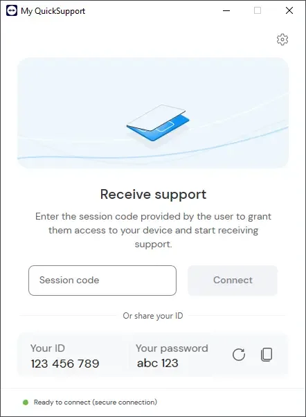 Okno TeamViewer QuickSupport s polem Session code a ukázkovým ID a heslem